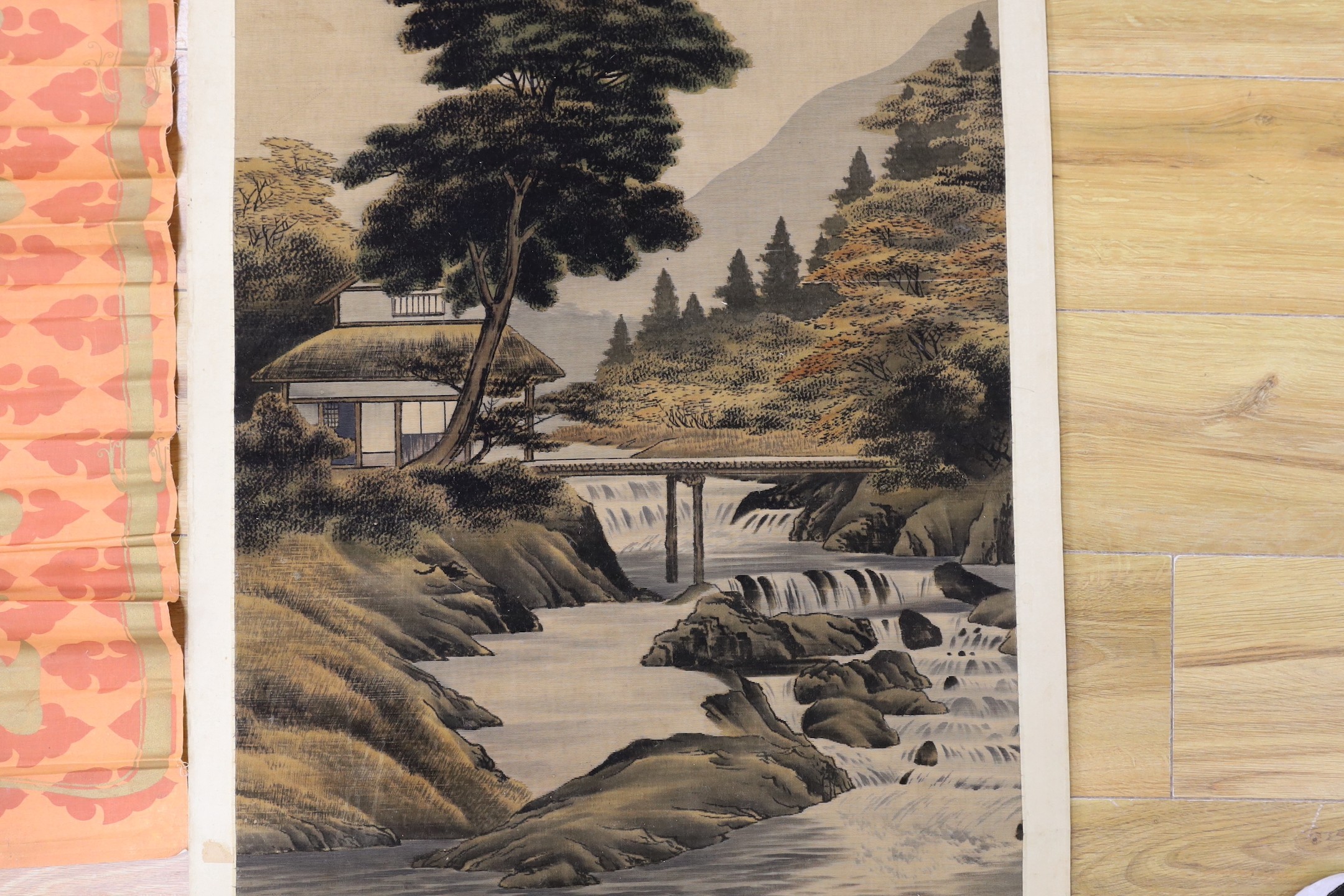 A Chinese calligraphic fabric hanging, 90 x 37cm, together with an early 20th century Japanese painted felt and watercolour landscape scroll